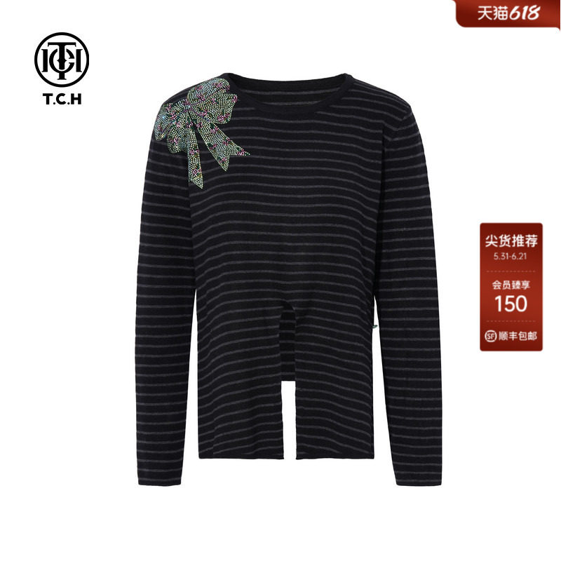 TCH2026春夏新款清冷感烫钻时尚条纹打底针织衫女T75C09E5165