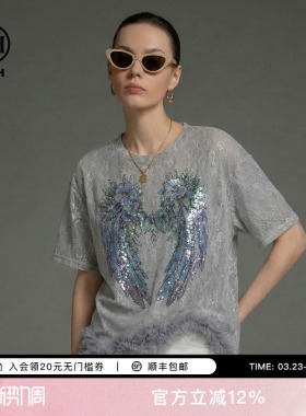 TCH烫钻翅膀蕾丝短袖T恤女显瘦百搭不规则木耳边上衣T78A10E1051