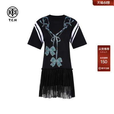 TCH蝴蝶结烫钻网纱拼接时尚休闲宽松气质连衣裙女T75C30B1003
