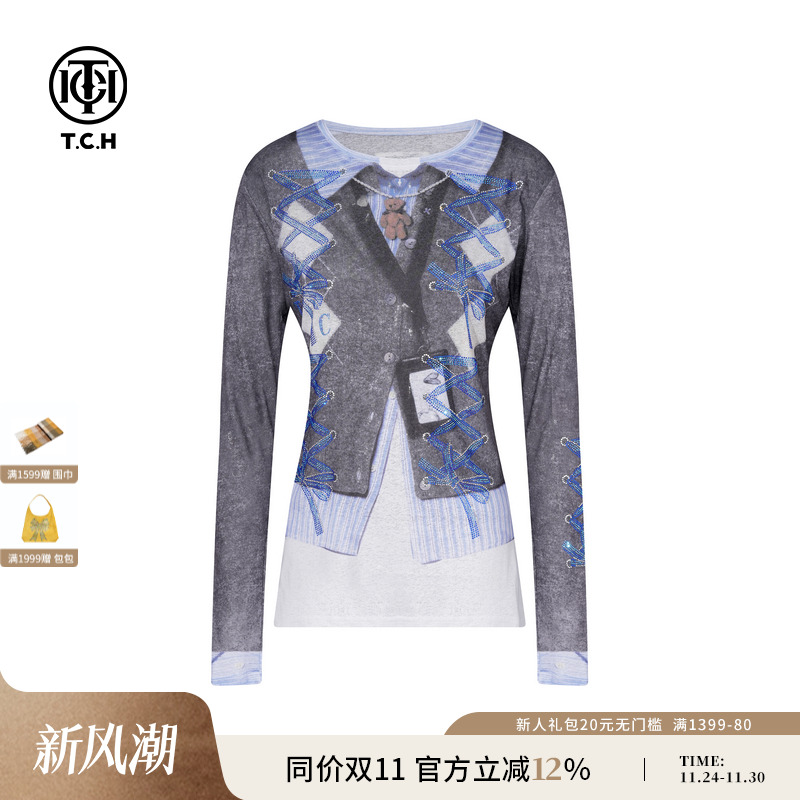 TCH私服烫钻时尚设计感显瘦假两件拼色打底衫上衣女T75C02E1000