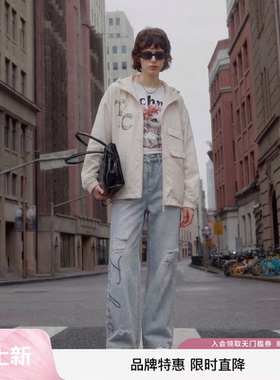 TCH时尚潮牌字母烫钻米白色休闲夹克连帽外套男女同款T78A27E1025