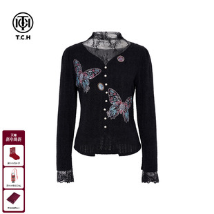 T75D02E5011 上衣女2025秋冬款 TCH时尚 烫钻优雅拼接蕾丝黑色打底衫