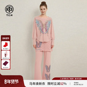 TCH宽松蝙蝠袖 T78A07E1057 套装 幻彩蝶翼烫钻针织衫 女假两件阔腿裤