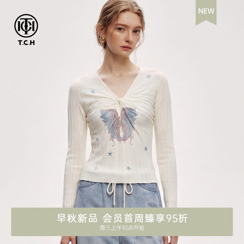 纯欲风修身设计感V领针织打底衫