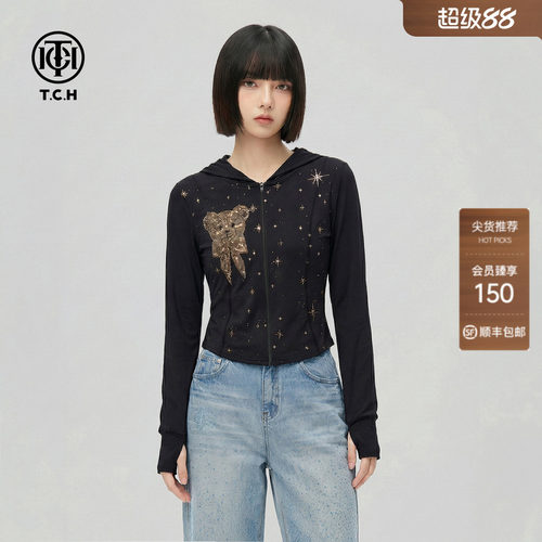 TCH烫钻小熊连帽拉链开衫女