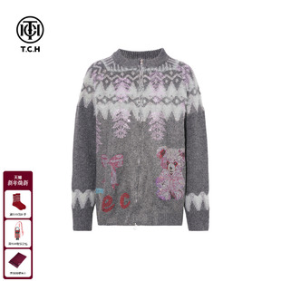 T75D27E1071 慵懒针织衫 TCH费尔岛烫钻灰色毛衣外套女2025冬季 新款