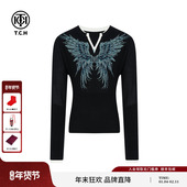 TCH法式 大V蓝眼泪烫钻大翅膀高奢收腰显瘦黑色针织衫 T75D09E1048