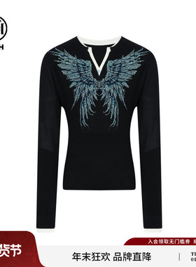 TCH法式大V蓝眼泪烫钻大翅膀高奢收腰显瘦黑色针织衫T75D09E1048