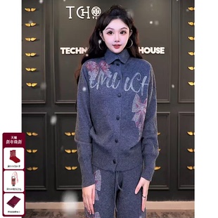 套装 休闲裤 女T75D07E1108 保暖显瘦烫钻百搭针织开衫 TCH秋冬新款