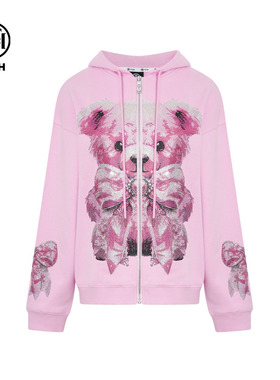 TCH轻奢潮牌粉色小熊宽松连帽卫衣外套女2025冬季新款T75C17E9012