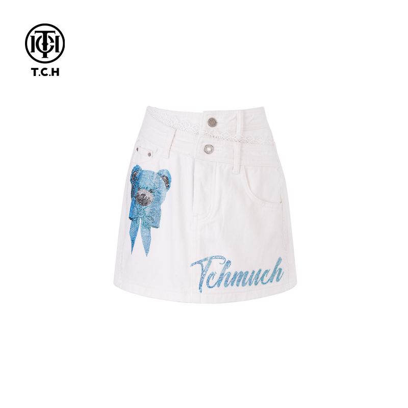 TCH私服烫钻小熊时尚高腰显瘦白色牛仔短裙25夏季新款T75A22E5023