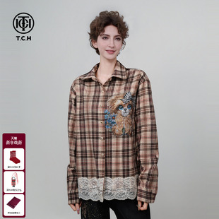 T75C13E9021 新款 TCH轻奢潮牌烫钻格子蕾丝拼接衬衫 外套女2025冬季