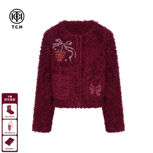 T75D27E1017 新款 TCH百搭时尚 烫钻红色圆领短毛毛外套女潮2025冬季
