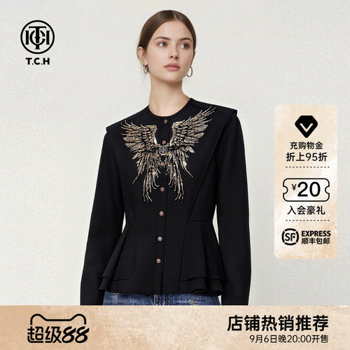 TCH烫钻天使之翼黑色气质收腰修身显瘦长袖衬衫上衣女T78A13E1017