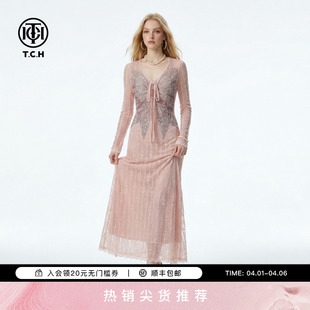 女T78A07E1179 TCH烫钻蝴蝶气质收腰蕾丝V领连衣裙女吊带长裙套装