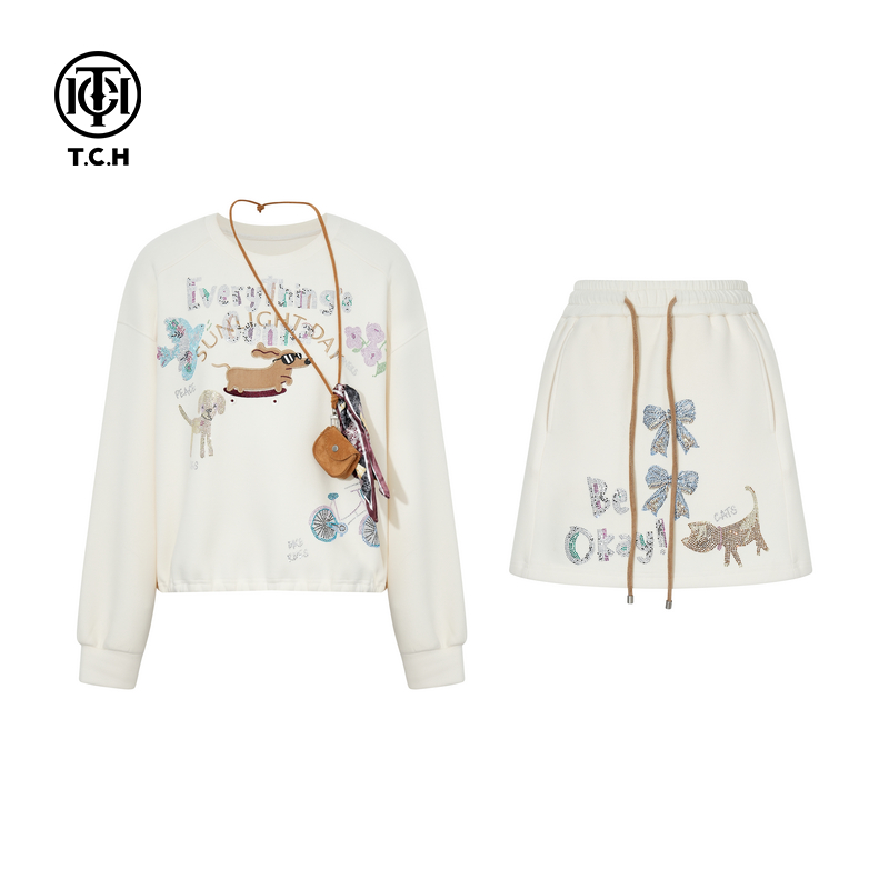 TCH私服烫钻25秋季新款慵懒时尚白色圆领卫衣短裙套装T75C07E1076