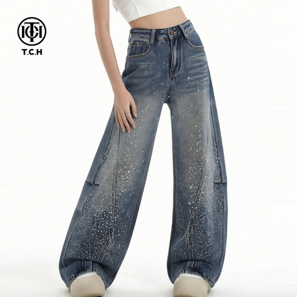 【刘端端同款】TCH银河流星烫钻加绒弯刀阔腿牛仔裤潮T75D20E1137