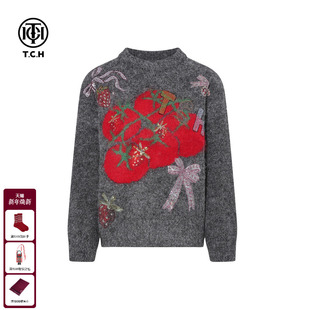 新款 女2025冬季 T75D09E1222 潮牌烫钻樱桃加厚毛衣针织衫 TCH时尚
