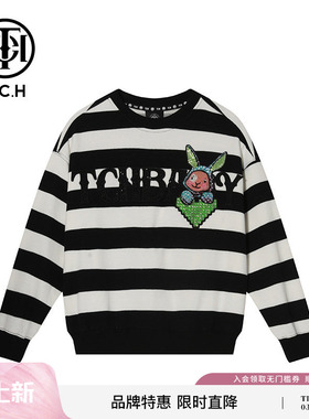 TCH 轻奢潮牌大C童装卫衣烫钻兔子春黑白条纹T69B11609K