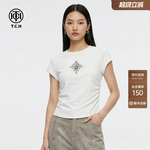 TCH2026春新款修身显瘦设计感短款辣妹正肩短袖T恤女T78A10E1028