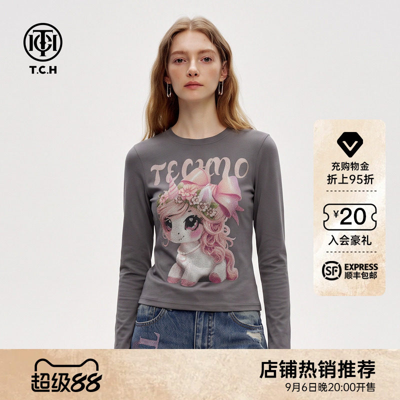 重工独角兽烫钻修身显瘦长袖T恤图片
