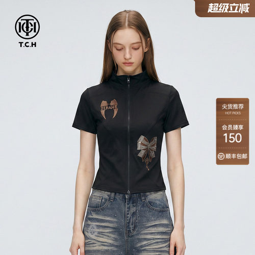 TCH烫钻黑色立领拉链短袖上衣