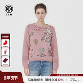 设计感镂空烫钻卡通宽松套头针织衫 TCH 含绵羊毛 女T78A09E1117