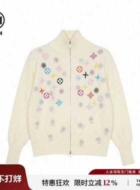 TCH2026春季新款韩系烫钻立领米色拉链针织开衫外套女T78A43E1037