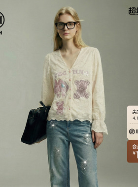 TCH烫钻萌熊蝴蝶结少女风蕾丝V领衬衫上衣女26春新款T78A13E1025