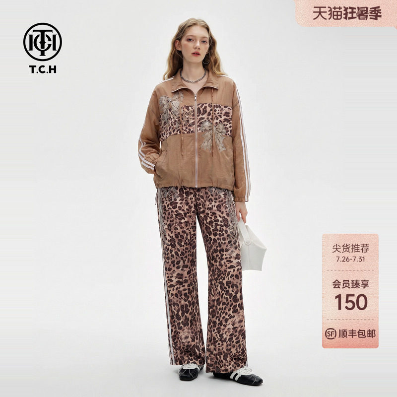 TCH时尚潮牌豹纹拼接蝴蝶结烫钻套装女轻薄外套阔腿休闲裤两件套