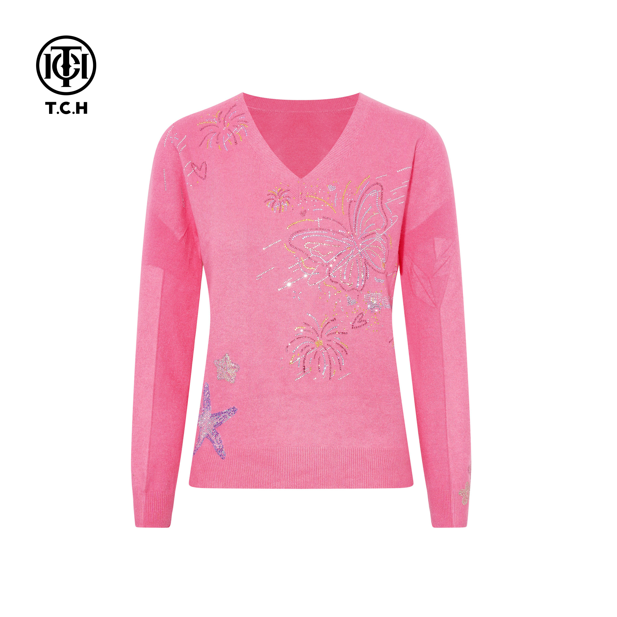 TCH2025冬季新款时尚烫钻粉色休闲百搭修身显瘦针织衫T75D09E1216