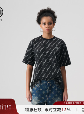 TCH黑色轻奢潮牌烫钻休闲宽松T恤半袖男女款2025夏新款T72B106189