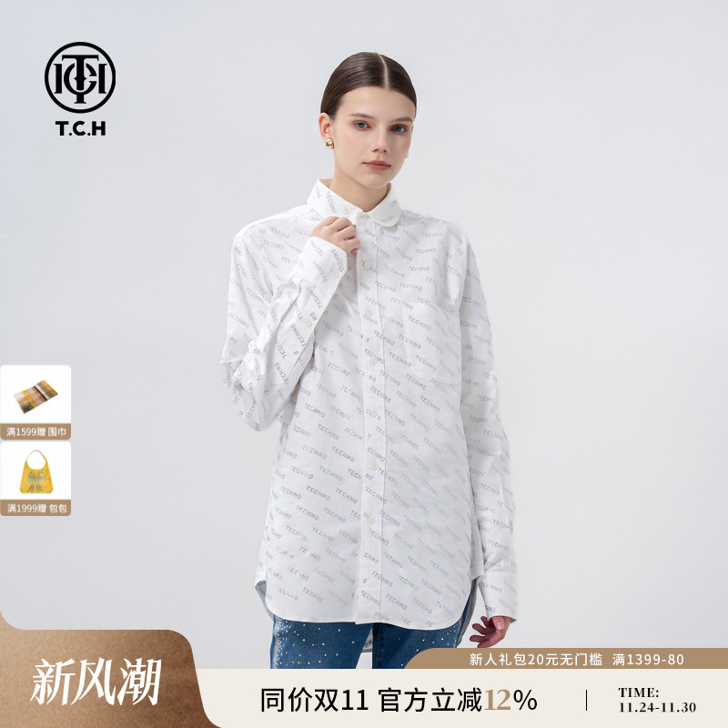 TCH宽松休闲满印烫钻长袖衬衫