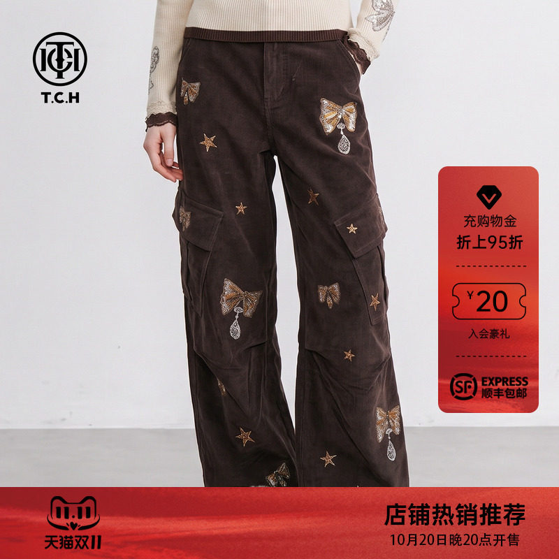 TCH美拉德咖色灯芯绒阔腿工装裤女2026冬季新款多口袋宽松休闲裤