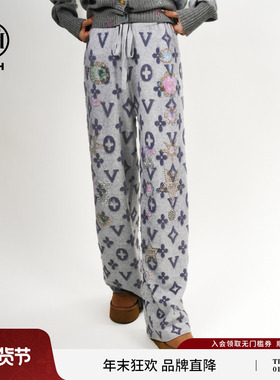 TCH费尔岛复古高级灰设计感烫钻慵懒直筒宽松休闲阔腿裤女25秋冬