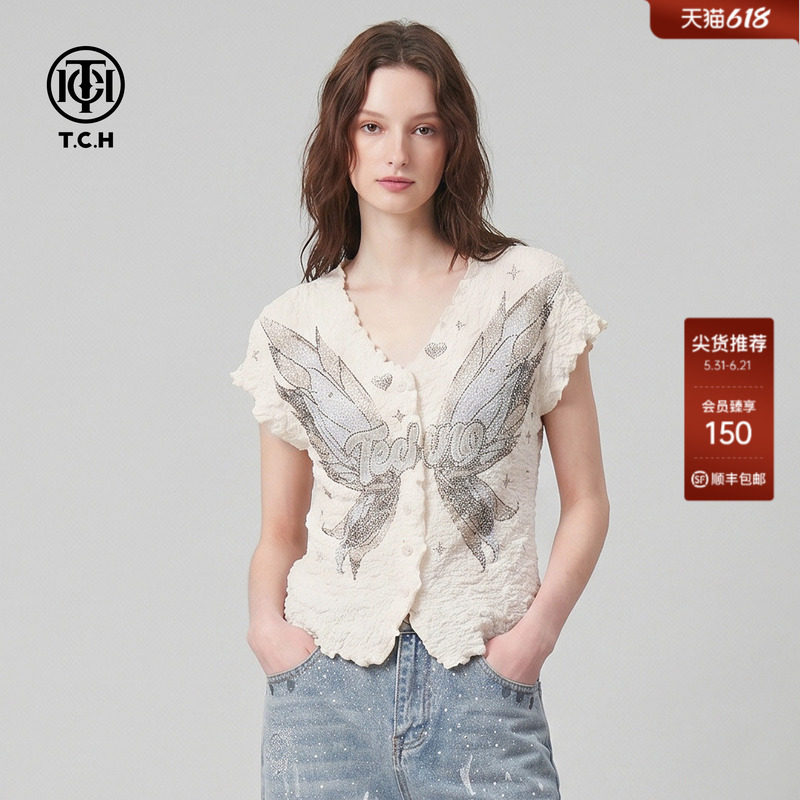 TCH烫钻翅膀修身显瘦V领T恤女2026夏季新款温柔风木耳边短袖上衣