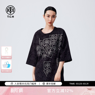 TCH潮牌休闲连衣裙夏落肩街头宽松T恤裙女2025夏季 T72C306068 新款