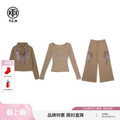 慵懒套装 T恤女阔腿裤 T78A07E1098 长袖 TCH烫钻天使之翼连帽拉链衫