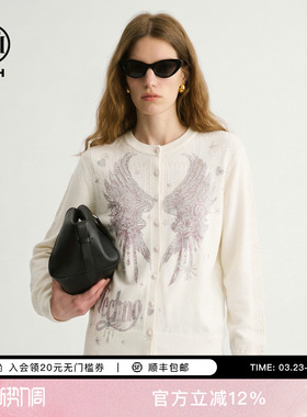 TCH2026春新款字母烫钻气质百搭休闲米白色针织开衫女T78A43E1131