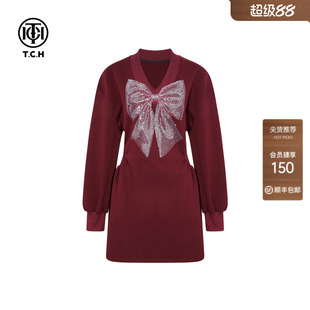 TCH潮牌蝴蝶结烫钻红色气质V领加厚连衣裙女2025冬款T75D30E1022