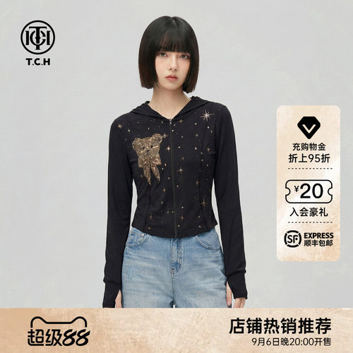 TCH烫钻小熊连帽拉链开衫女
