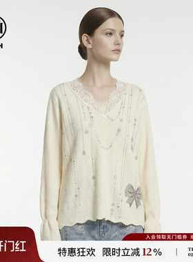 TCH26春款烫钻蝴蝶结蕾丝边V领白色打底针织衫上衣女T78A09E1139
