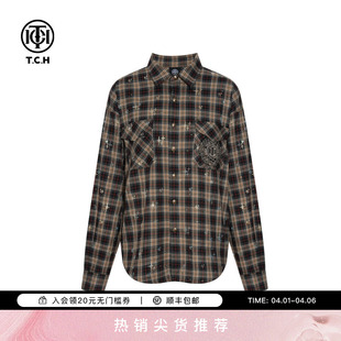 上衣潮男女同款 T75C13E9006 休闲宽松百搭格子衬衫 TCH轻奢烫钻美式