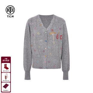 TCH雅典格调灰蕾丝边收腰弹力V领绵羊毛针织衫 上衣女T75D43E1057