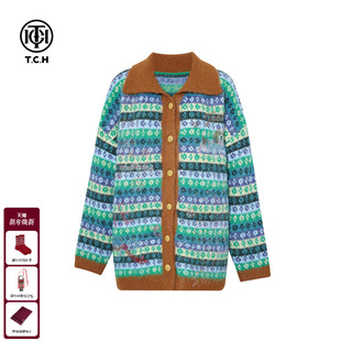 TCH轻奢潮牌烫钻费尔岛毛衣冬翻领宽松针织开衫 外套女T75D43E1082