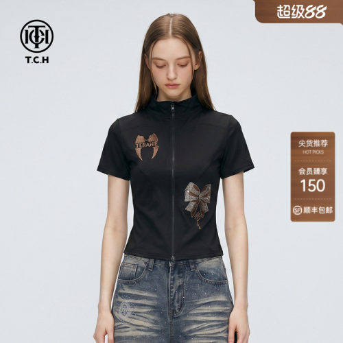 TCH烫钻黑色立领拉链短袖上衣