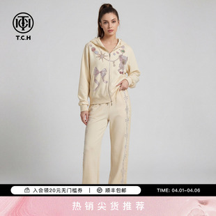 TCH烫钻蝴蝶结休闲百搭连帽外套女直筒长裤 女T78A07E1185 黄色套装