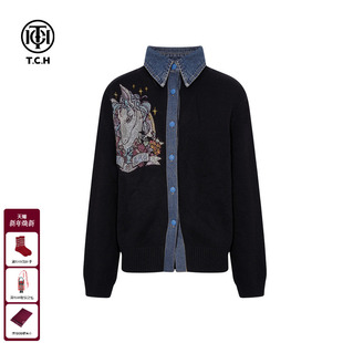 烫钻牛仔拼接针织开衫 百搭时尚 外套女T75D43E1053 新款 TCH2025冬季