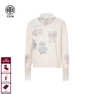 烫钻蕾丝拼接半气质打底针织衫 时尚 女T75D09E5079 新款 TCH2025冬季