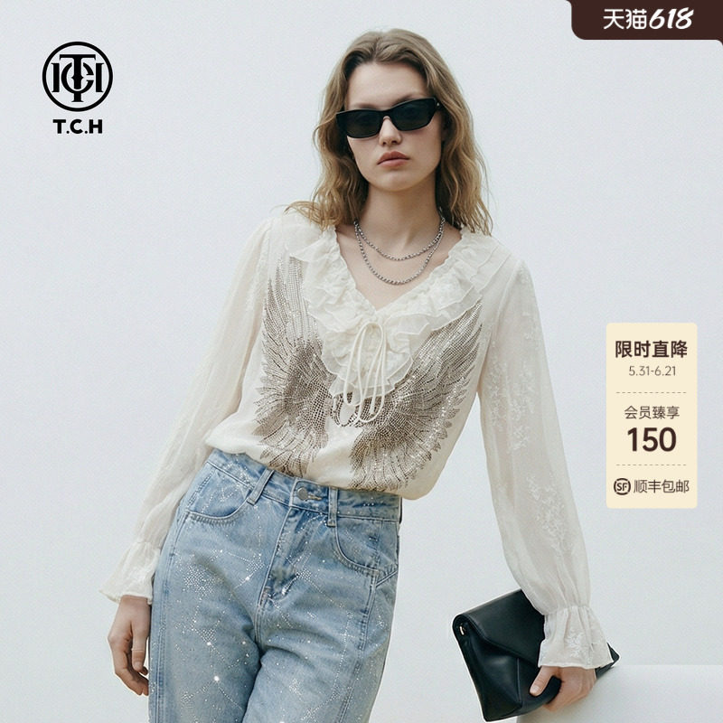 TCH设计感烫钻羽翼荷叶边V领米色宽松长袖气质衬衫女T78A13E1028